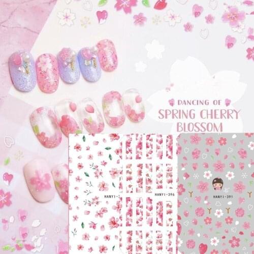 Newest HANYI 391 396 395 spring cherry blossom pattern 3D nail art sticker decal back gule DIY nail manicure decoration tools