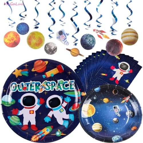 Astronaut Space Theme Disposable Tableware Birthday Deco Foil Ballons Banner Candy Cake Box Planet Party Supplies Latex Globos