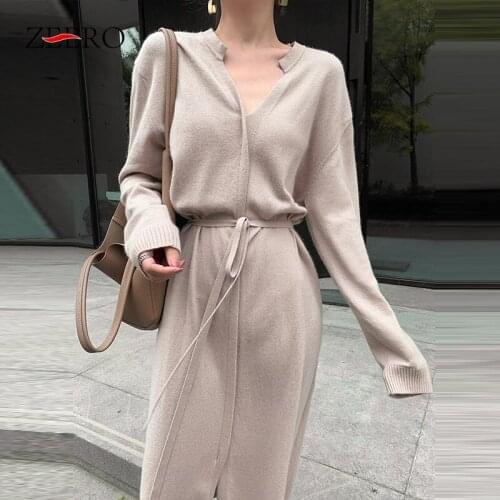 Autumn Knitted Women Loose Long Sleeve Side Split Drawstring Dress Elegant Korea Winter Female V Neck Maxi Long Sweater Dresses