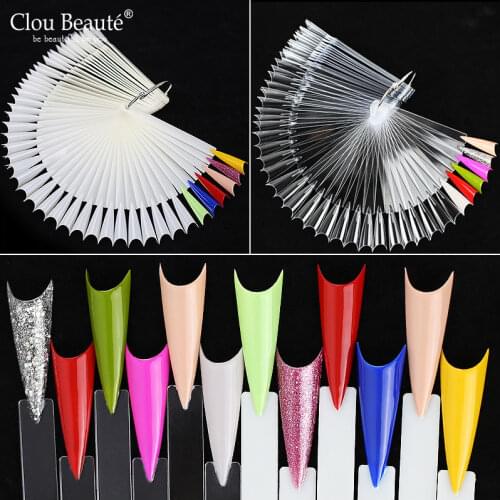 50tips/lot Pointed Nails Gel Polish Practice Card Display False Nail Tips Fan Shaped Showing Palette Buckle Ring Manicure Tool