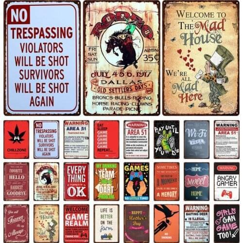 Madhouse Warning Metal Sign Vintage Wall Art Metal Retro Tin Sign Plate Plaque for Amusement Park Haunted Home Wall Plate Decor