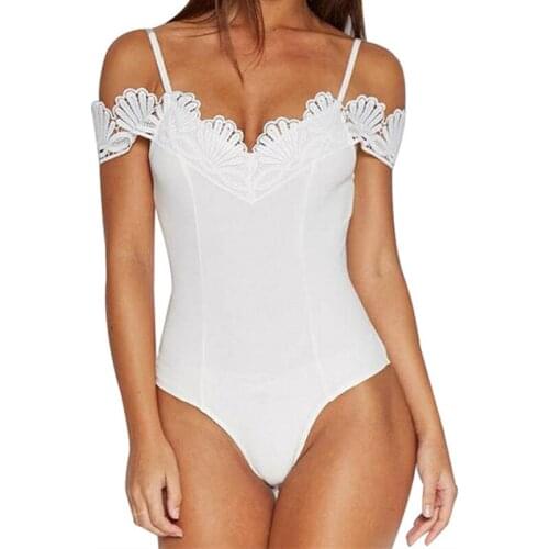 Sexy Lace Bodysuit Women 2019 Summer Deep V Neck Spaghetti Strap See Through White Black Bodycon Sheer Womens Bodysuits