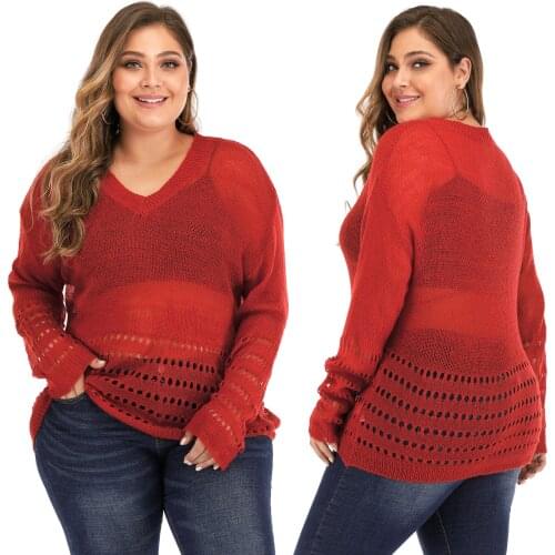 European and American plus size womens solid color V-neck thin sexy hollow perspective long-sleeved woven pullover sweater