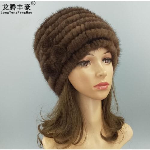 Striped Knitting Cap Mink Fur Knitted Hats Female Beanies Natural Fur Russian Ushanka Hats Elastic Winter Warm Women Hats