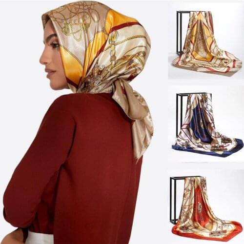 Female Foulard 90*90cm Muslim Square Silk Scarf Hijab Scarves Female Satin Print Shawls Wrap Hair Head Scarf Bandana Beach Pareo