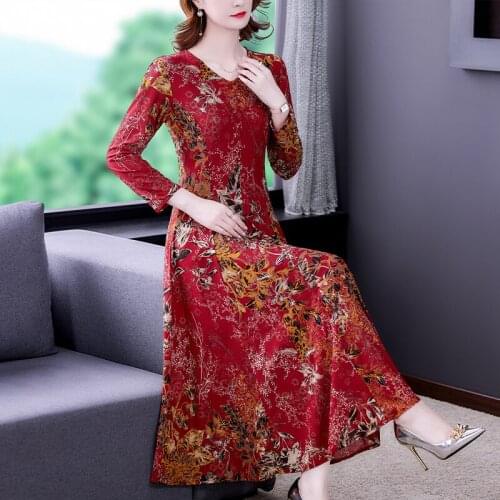 Spring Autumn Red Floral Chiffon Boho Maxi Dress 2021 Vintage Casual Mesh Beach Midi Dresses Women Elegant Bodycon Party Vestido