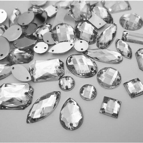 100pcs Clear Flatback Acrylic Sewing on Rhinestone Assorted Shape Sew on beads silver Colour DIY rhinestones buttons accessories