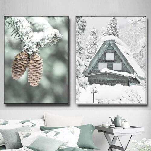 Alps Snow House Mountain Deer Pineta Tree Prints Canvas Painting Wall Art Pictures For Posters Aesthetic Room Decor Christmas
