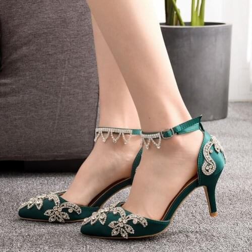 Women Sandals Shoe 7.5CM High Heel Bling Pointed Toe Buckle Summer New Sexy Fashion Casual Wedding Black Red Green Shoes H0049
