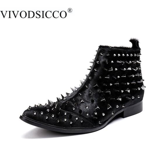 VIVODSICCO New Punk Style Genuine Leather Men Ankle Boots Iron Pointed Toe Mens Military Cowboy Boots High Top Botas Hombre