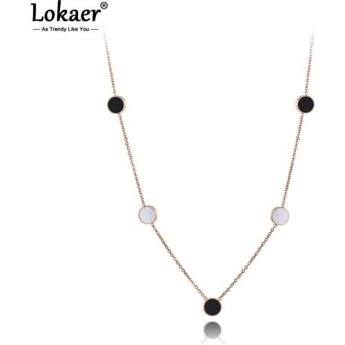 Lokaer Trendy Stainless Steel Round Black Acrylic & White Shell Chain Pendant Necklaces For Women Girls Choker Necklace N19172