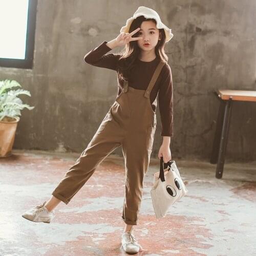 2021 New Spring And Autumn Fashion Girls Solid Color Long Sleeves T-Shirt + Overalls Trousers Pants Child Two-Piece Suit 4 -9Y