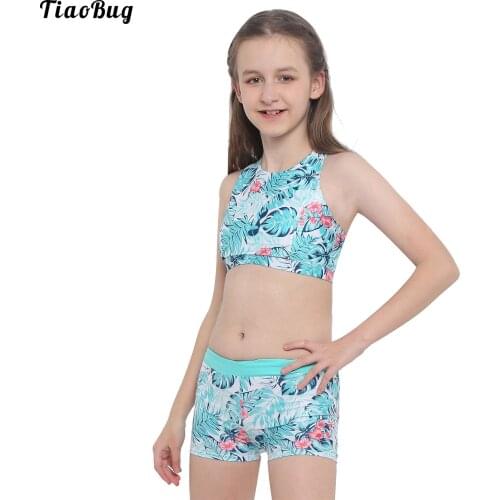 TiaoBug Hot Sale Summer Girls Kids 2Pcs Swimsuit Bikini Sleeveless Crisscross Back Printed Top With Boyshorts Bottoms Swimwear