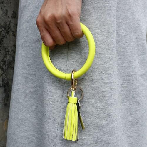Leather Bracelet Key Ring PU Leather Fluorescent Tassels Big Key Ring for Women Kids