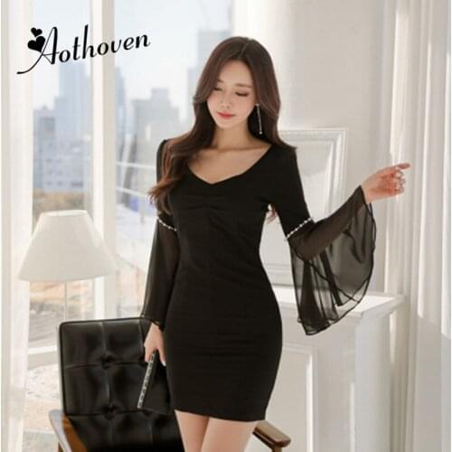 Summer Beading Bodycon Dresses Black Full Flare Sleeve V Neck Women Dress Office Lady Bandage Sexy Midi Pencil Dress Vestidos