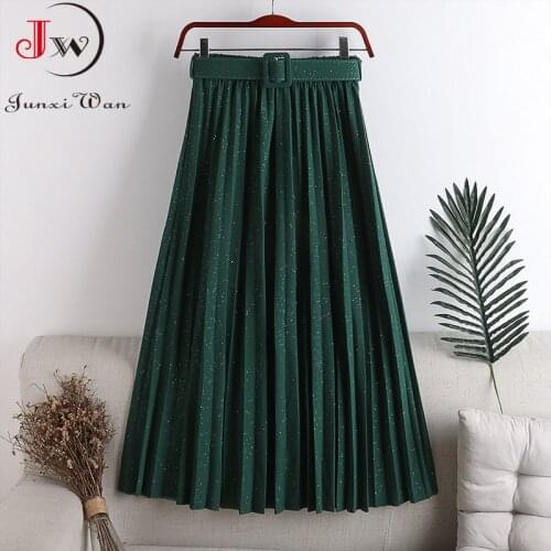Fashion Shiny Pleated 2021 Spring Autumn Winter Solid High Waist With Belt A-Line Elegant Retro Vintage Office Long Skirt