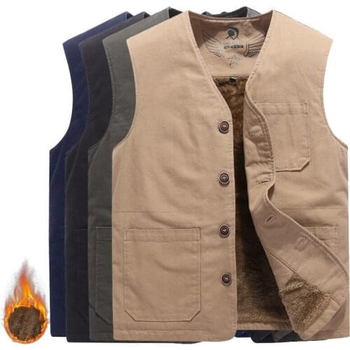 Mens Large Plush Oversized Casual Jacket Labor Warm Jumper Multi Pocket Pure Cotton Vest Outdoor Hunting Hiking Fishing Fat Man