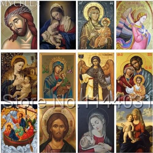 MYCELLA Full Diamonds Embroidery Blessed Virgin Mary Diy Diamond Painting Icons Virgin Jesus Mosaic Cross Stitch Kits Needlework