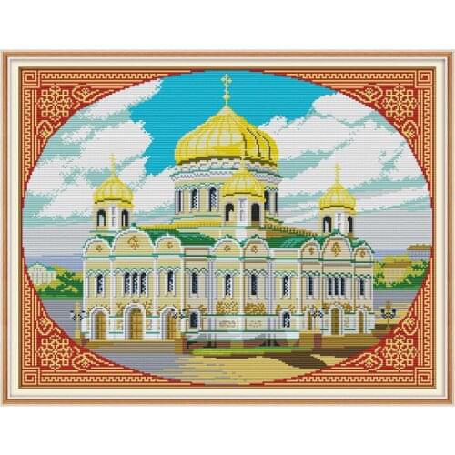 Russian architecture castle landscape cross stitch kit 14ct white cloth printed cloth cotton canvas embroidery hand embroidery