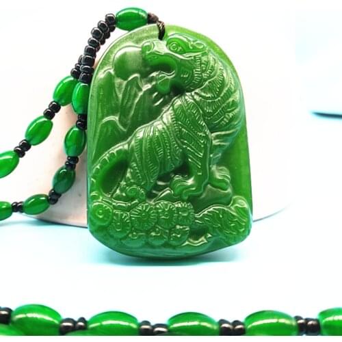Natural Green Jade Tiger Pendant Necklace Charm Jewellery Fashion Accessories Hand-Carved Man Luck Amulet Gifts