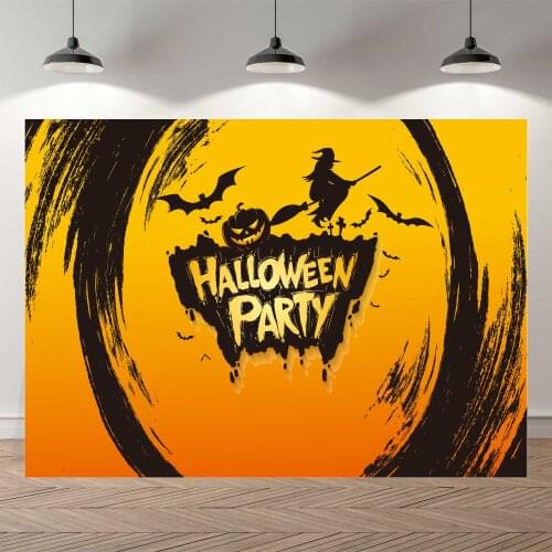 NeoBack Autumn Happy Halloween Night Moon Pumpkin Bat Cat Little Ghost Castle Blue Trick or Treat Party Banner Background