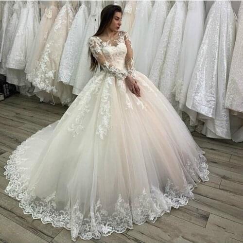 2021 New Lace Appliques Tulle Long Sleeves Wedding Dress Buttons Lace Up Back Custom Made Plus Size Bridal Gowns