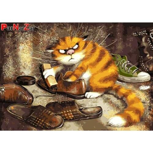 ParNarZar DIY 5D Diamond Painting Cat Scratching Shoes Full Round Drill Kits Rhinestone Picture Art Craft for Home Wall Decor