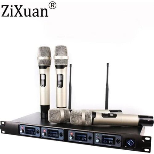 Professional 4 Channel UHF Wireless Handheld Microphone System 4 Microphones + 1 Wireless LCD Display Receiver for Family Party