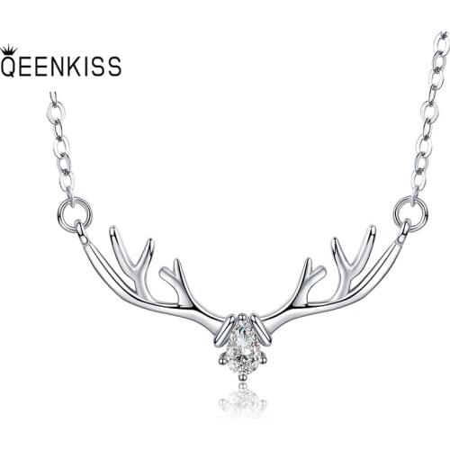 QUEENKISS NC650 Fion Jewelry Wholesale Fashion Lady Girl Birthday Wedding Antlers AAA Zircon 18KT White Gold Pendant Necklace