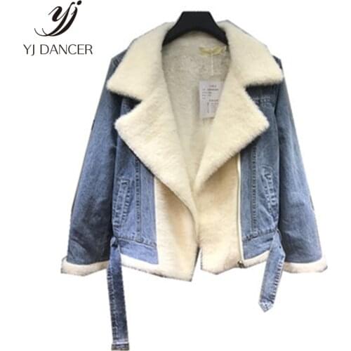 2019 Winter Fashion New Loose Thin Lapel Imitation Water Velvet Stitching Denim Short Long Sleeve Fur Coat Tide HHH0044