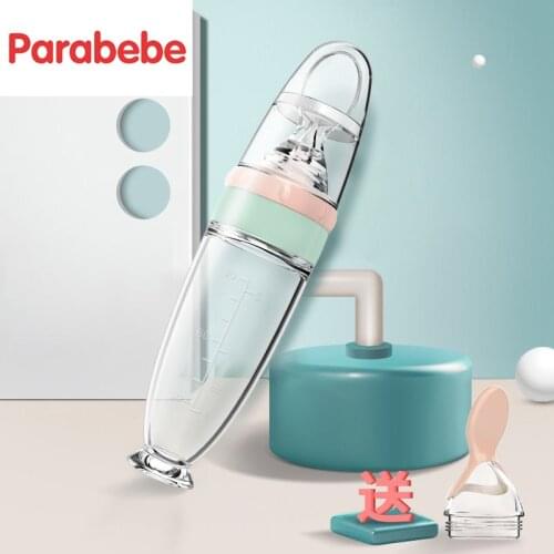 Parabebe Silicone feeding bottle spoon with scale baby silicone Leakproof food feeder squeeze childrens tableware suction pad