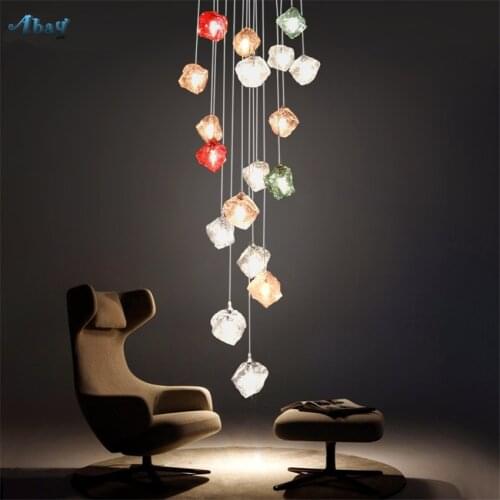 Modern Ice Cubes Crystal Staircase Pendant Lights Dining Room Art Deco Living Room Villa Revolving Hanging Glass Lamps Fixtures
