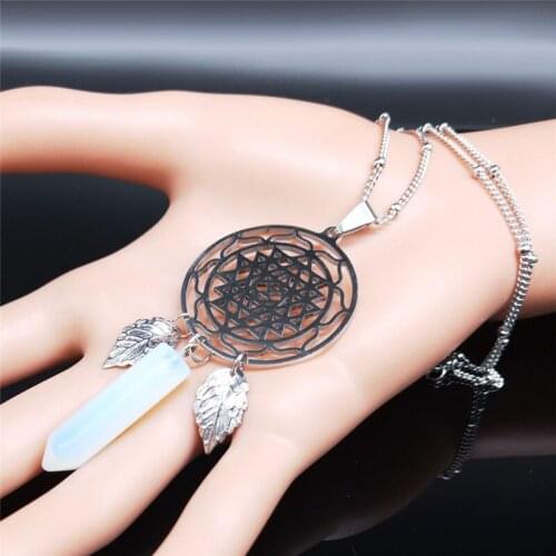 Yoga Flower of Life Stainless Steel Hexagonal Bullet Reiki Point Chakra Moonstone Stone Tassel Boho Necklaces Jewelry N1115S04