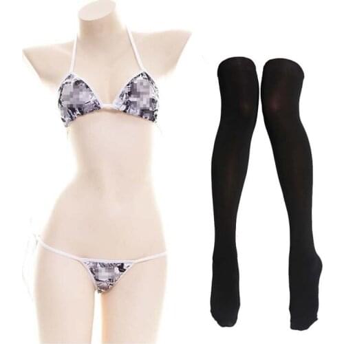 Japanese Sexy Underwear Lolita Kawaii Cartoon Anime Mini Bikini Adult Role Play Bra Womens Underwear Set with Silk Stockings