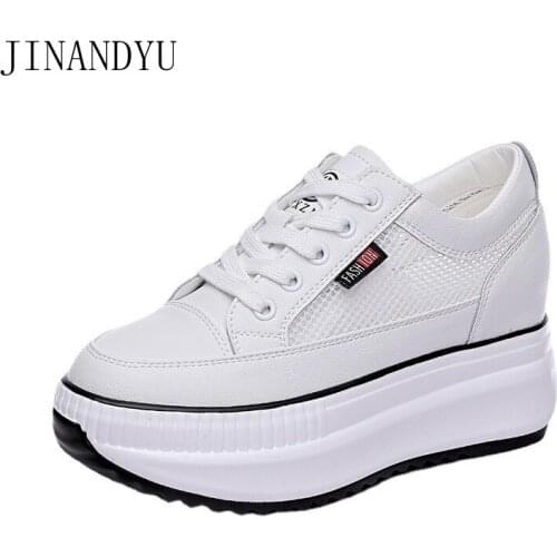 Real Leather White Black Wedge Shoes Sneakers Casual Vulcanize Shoes Platform Heels Womens Sneakers Fashion Mesh Platform Shoes