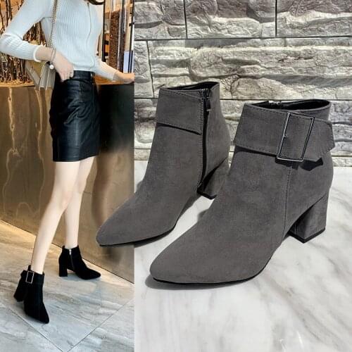 Womens Ankle Boots Solid Color Pointed Toe Thick Heel Buckle Short Boots