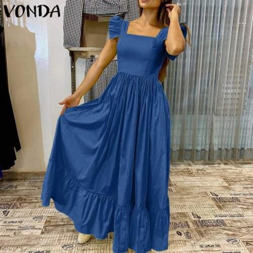 Summer Maxi Dress Women Ruffled Cuff Holiday Tank Dresses VONDA Sexy Sleeveless Bohemian Party Vestidos Oversize Long Robe