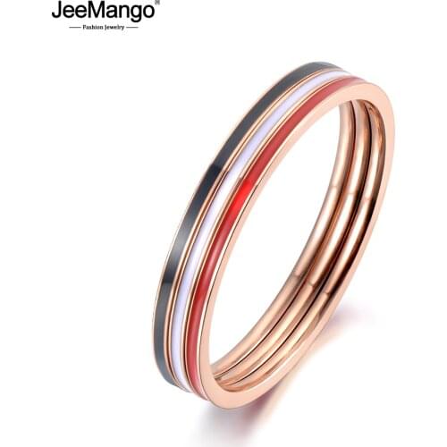 JeeMango Simple Design Black/White/Red Glaze Anniversary Rings Jewelry For Women Rose Gold Titanium Stainless Steel Ring JR19083