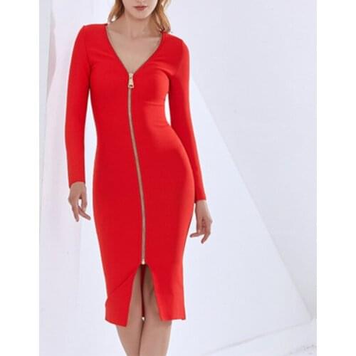 Winter New Hot Sale Full-sleeved One-shoulder Sexy Big Open Back Zipper Skirt Split Mid-length Bandage Dresses Party Club Dress