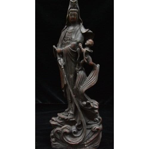 16" China Bronze Dragon Fish Kwan-yin Guan Yin Boddhisattva Supreme Bodhi Statue