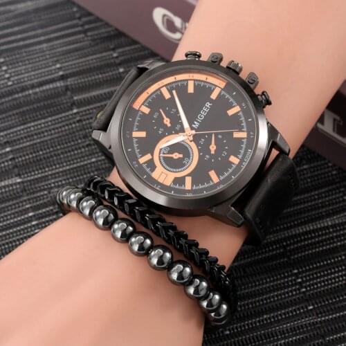 2021 Fashion Men Watch Black Personality Quartz Dial Clock Mens Wrist Bracelet Best Gifts Set with Box Present for Husband Dad