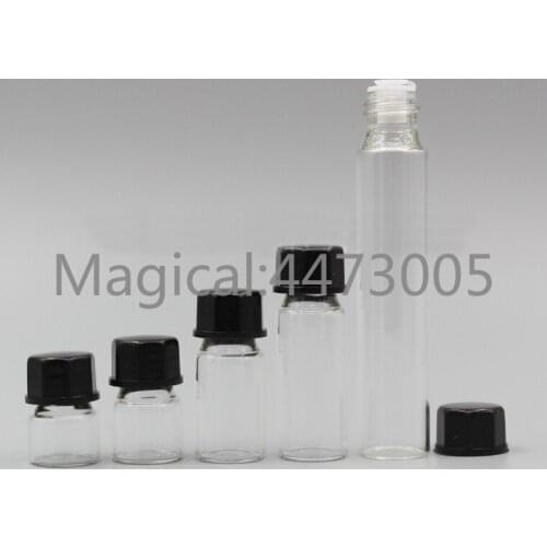 50/100/200pcs/lot 1/2/3/5/10ml Perfume Essential Oil Bottles clear Glass tube Bottle black octagon cap stopper plug For Cosmetic