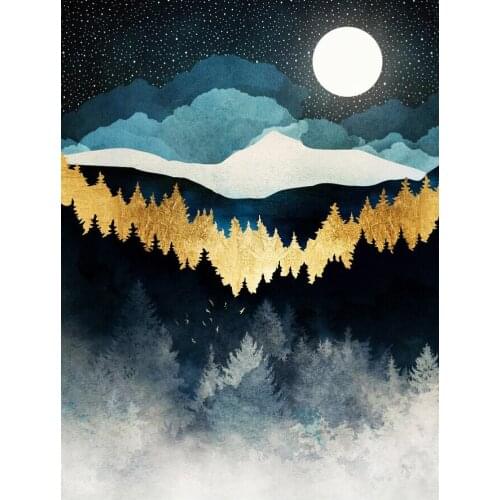 Abstract Poster Gold Blue Forest Mountain Wall Art Print Modern Stars Moon Canvas Painting Nordic Decorative Picture Home Decor