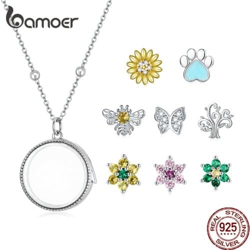 Bamoer 925 Sterling Silver Colors Zircons Daisy Flower Charm Bee Small Bead Butterfly Life Tree Bead for Necklace DIY Jewelry