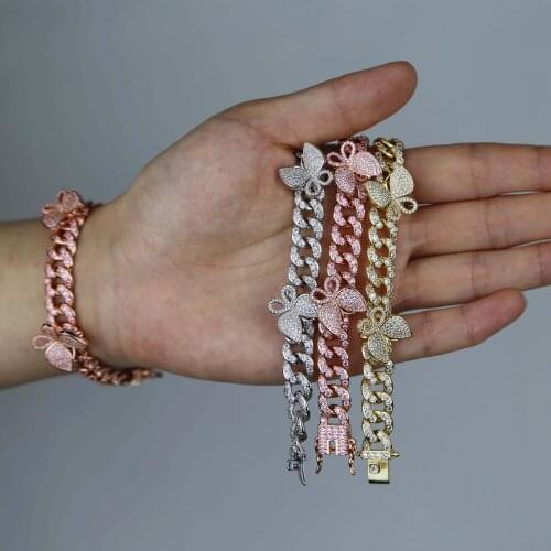 10mm iced out bling 5A cz Cubic Zircon women jewelry hip hop rock Miami cuban link chain rose gold color pink butterfly bracelet