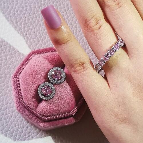 2pcs Pack 925 Sterling Silver Jewelry Set Halo Engagement Ring Round Stud Earring For Wedding Gift Party Wholesale J6270-PINK