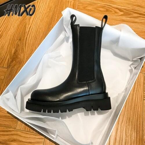 HMXO Leather Martin Boots Womens Chimney Handsome British Style Mid-tube Women Boots Thick-soled Female Chelsea Short Boots