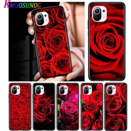 Red Rose Flower for Xiaomi Mi 11 10T Note 10 Ultra 5G 9 9T SE 8 A3 A2 A1 6X Pro Play F1 Lite 5G Black Phone Case