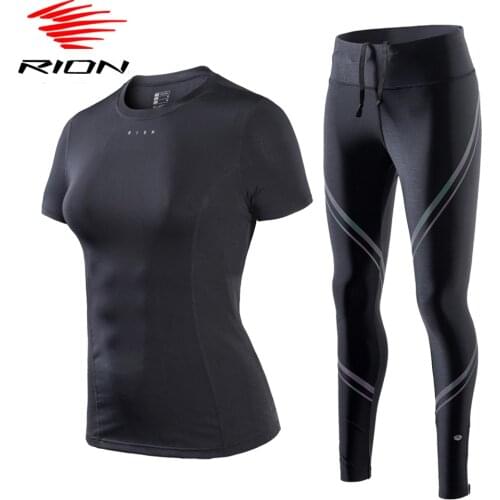 Rion Fashion Women Yoga 2Pcs Set Outdoor Yoga Fitness Pants Short Sleeve Yoga T-Shirt Set 2021 Womens Gym Sportswear Slim Suit