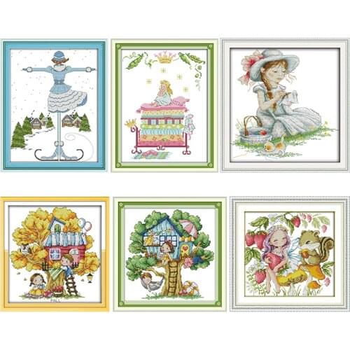 Lovely Girl Cartoon Cross Stitch Kits 11CT 14CT Printed Patterns Handmade Craft Canvas Counted Sewing Needlework Embroidery Sets